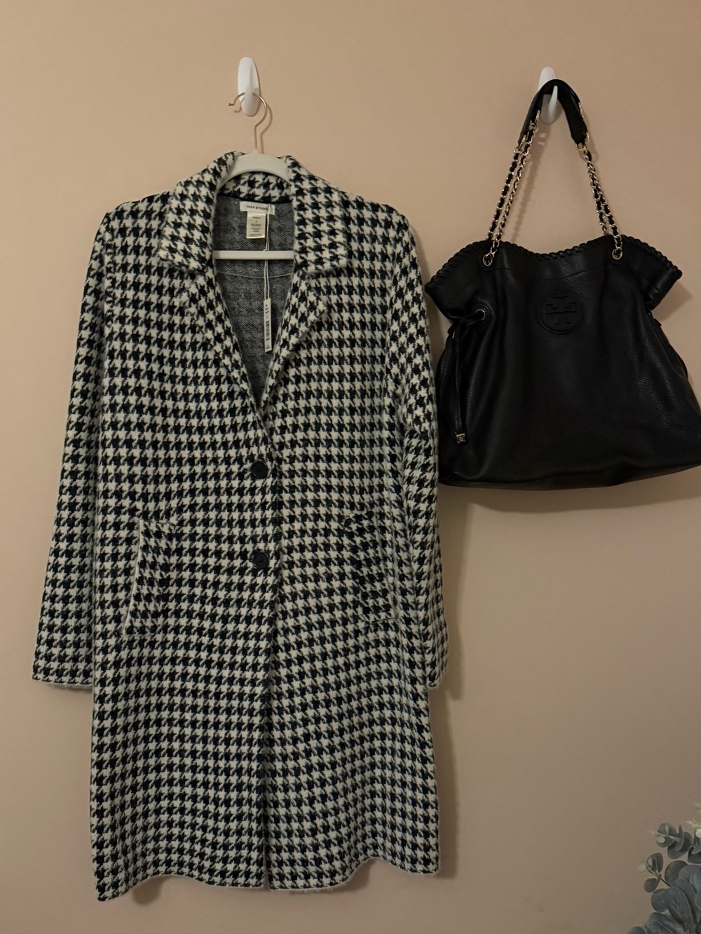 Max Studio Sweater Jacket Houndstooth Pea Coat - Black & White